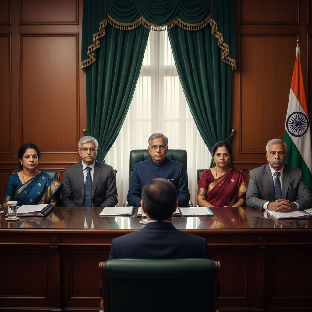 Photorealistic AI UPSC interview board — five senior Indian members seated across the candidate in a wood-panelled government interview room